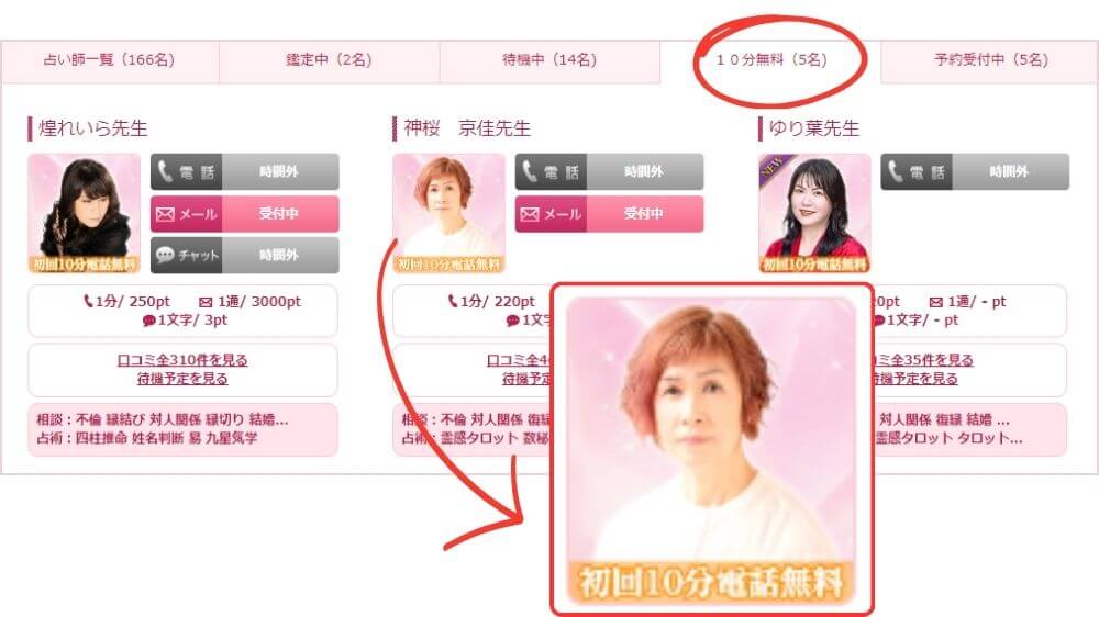 対象の占い師の鑑定が初回10分無料