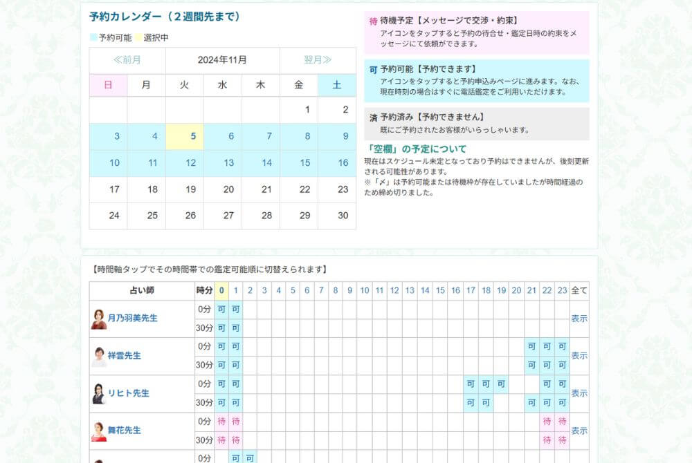 占い師の2週間分の待機スケジュールがわかる